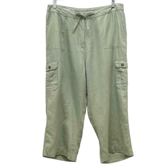 J. Peterman 100% Linen Celery Green Cropped Cargo Pants Size 14 Flowy Lagenlook - Picture 8 of 8